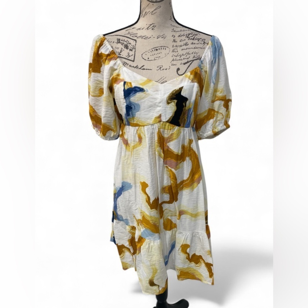 Nine West Watercolor Puff Sleeve Dress Smocked Back Lined Size M